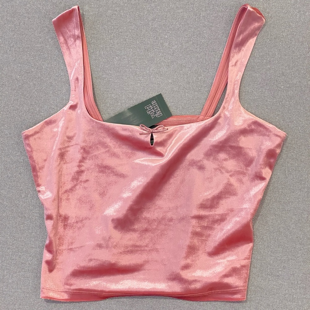 Wild Fable Pink Satin Crop Top Small Y2K Glossy Tank Bow Detail Stretch‎